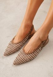 Brązowe Plecione Baleriny z Noskiem w Szpic i Odkrytą Piętą Safire. Brązowe balerinki damskie Born2be, bez wzorów. Za 99.99 zł.