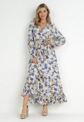 Niebieska Sukienka Maxi z Gumką w Pasie i Falbanką na Dole Bexli. Niebieskie sukienki damskie Born2be, bez wzorów, z wiskozy, boho, bez ramiączek. W wyprzedaży za 127.49 zł.