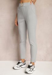 Jasnoszare Spodnie High Waist z Elastycznego Materiału Wykończone Gumką Rigadona. Szare spodnie materiałowe damskie Renee, bez wzorów, z jeansu. Za 64.99 zł.
