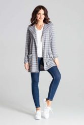 Szary Niezapinany Sweter w Paski z Kapturem. Szare kardigany damskie Katrus, l, bez wzorów, z elastanu. Za 219.00 zł.