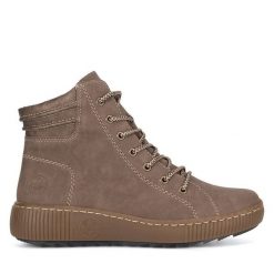 Trzewiki Rieker. Brązowe botki damskie Rieker, bez obcasa, na płaskiej podeszwie, bez zapięcia. Za 251.99 zł.