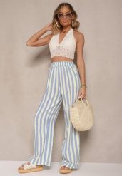Niebiesko-Żółte Bawełniane Muślinowe Spodnie Szerokie High Waist w Paski Mavirise. Niebieskie spodnie materiałowe damskie Renee, bez wzorów, z bawełny. Za 79.99 zł.