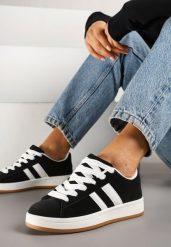 Czarne Sneakersy Ozdobione Motywem Pasków Flortewi. Czarne obuwie sportowe damskie Renee, na lato, z jeansu, bez zapięcia. Za 99.99 zł.