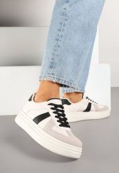 Beżowo-Czarne Sneakersy na Platformie Ozdobione Paskami ze Sznurowaniem Bormi. Brązowe obuwie sportowe damskie Renee, z jeansu, bez zapięcia. Za 79.99 zł.