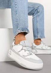 Biało-Szare Sneakersy na Grubej Podeszwie Zdobione Cyrkoniami Neothra. Białe obuwie sportowe damskie Born2be, z jeansu, bez zapięcia, trekkingowe. Za 89.99 zł.