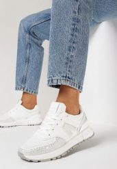 Białe Sneakersy na Płaskiej Podeszwie z Wycięciami i Cyrkoniami Leporia. Białe obuwie sportowe damskie Born2be, bez zapięcia. Za 99.99 zł.