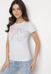 Jasnoszary Bawełniany T-shirt z Sercem i Napisem Olirwenna. Szare t-shirty damskie Born2be, m, bez wzorów, z bawełny, bez kołnierzyka. Za 34.99 zł.