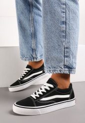 Czarno-Białe Tenisówki z Ozdobną Naszywką i Przeszyciami Buildoria. Czarne obuwie sportowe damskie Born2be, z jeansu, bez zapięcia, tenisowe. Za 74.99 zł.
