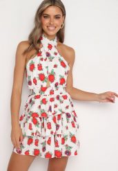 Biała Sukienka Wiązana na Szyi w Kwiatowy Print z Falbankami Virivia. Białe sukienki damskie Born2be, bez wzorów, z jeansu, eleganckie, bez ramiączek. Za 149.99 zł.