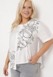 Biała Bawełniana Bluzka T-shirt z Krótkim Rękawem z Nadrukiem i Guzikami Fiomara. Białe bluzki damskie Born2be, l, bez wzorów, z bawełny, bez kołnierzyka. Za 54.99 zł.