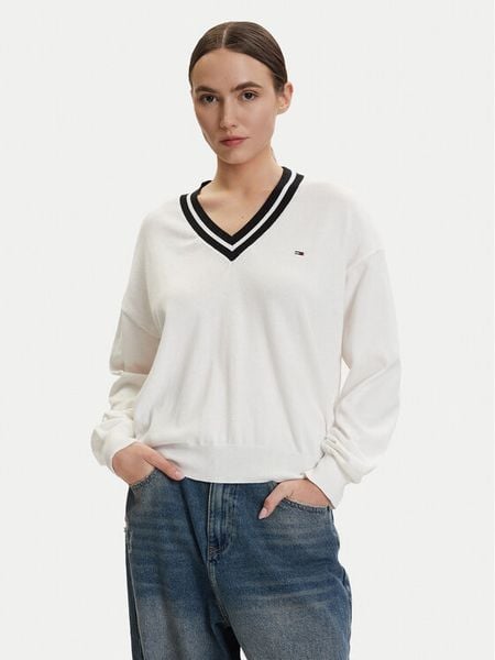 Tommy Jeans Sweter DW0DW22778 Biały Regular Fit. Białe swetry klasyczne damskie Tommy Jeans, xs, z jeansu, bez kołnierzyka. Za 449.99 zł.