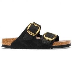 Klapki damskie Birkenstock Arizona. Czarne klapki damskie Birkenstock, bez wzorów, z materiału, bez obcasa, bez zapięcia. Za 772.00 zł.