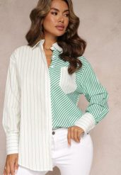 Zielono-Biała Koszula Oversize w Paski Issele. Białe koszule damskie Renee, m, bez wzorów, z materiału, eleganckie, bez kołnierzyka, bez ramiączek. Za 79.99 zł.