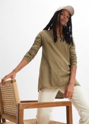 Bluzka z długim rękawem z lekkiego melanżowego dżerseju. Czarne bluzki damskie bonprix, bez wzorów, z dżerseju, bez kołnierzyka, bez ramiączek. Za 47.99 zł.