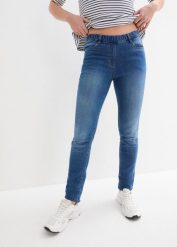 Jegginsy mid waist z wygodnym paskiem w talii. Niebieskie jeansy damskie bonprix, bez wzorów, z jeansu. Za 84.99 zł.