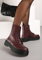 Bordowe Botki Workery na Płaskiej Podeszwie ze Sznurowaniem Neandwen. Czerwone botki damskie Renee, z jeansu, eleganckie, bez obcasa, na płaskiej podeszwie, bez zapięcia. Za 159.99 zł.
