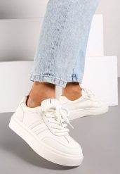 Białe Sznurowane Sneakersy na Platformie Ozdobione Paskami Tialise. Białe obuwie sportowe damskie Renee, bez zapięcia. Za 74.99 zł.