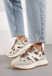 Beżowo-Brązowe Płaskie Sneakersy w Krowie Łaty z Geometrycznym Wzorem Nawla. Brązowe obuwie sportowe damskie Born2be, na lato, z jeansu, bez zapięcia. Za 99.99 zł.