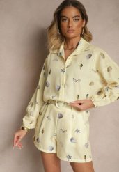 Żółty Komplet z Wiskozą Koszula i Szorty w Morski Print Reisoria. Żółte koszule damskie Renee, na lato, m, bez wzorów, z materiału, eleganckie, bez kołnierzyka, bez ramiączek. Za 129.99 zł.
