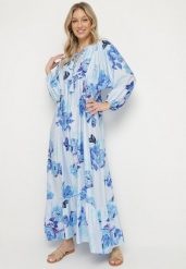 Niebieska Rozkloszowana Sukienka z Wiskozą w Kwiatowy Wzór Ridisandra. Niebieskie sukienki damskie Born2be, z aplikacjami, z wiskozy, eleganckie, bez ramiączek. W wyprzedaży za 127.49 zł.