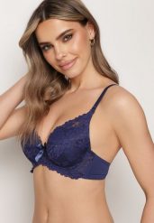 Granatowy Koronkowy Biustonosz Push-Up z Regulowanymi Odpinanymi Ramiączkami Manestia. Niebieskie biustonosze Born2be, bez wzorów, z koronki. Za 19.99 zł.