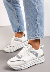 Biało-Srebrne Sneakersy z Brokatem na Ozdobnej Grubej Podeszwie Rilveia. Białe obuwie sportowe damskie Renee, bez zapięcia. Za 109.99 zł.