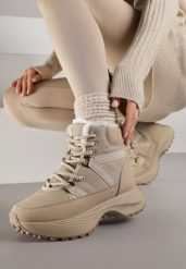 Ciemnobeżowe Sportowe Śniegowce Chunky na Platformie Ishweda. Brązowe śniegowce damskie Renee, z jeansu. Za 119.99 zł.