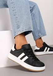 Czarne Sneakersy na Płaskiej Podeszwie Ozdobione Kontrastowymi Paskami Navisella. Czarne obuwie sportowe damskie Renee, z jeansu, bez zapięcia. Za 74.99 zł.