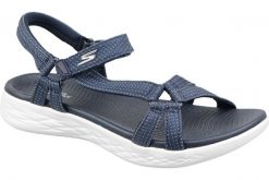 Sandały damskie, On the GO 600 - Brilliancy. Niebieskie sandały damskie Skechers, bez wzorów, z materiału, bez obcasa, bez zapięcia. Za 199.99 zł.