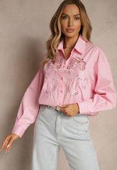 Różowa Koszula Oversize z Bawełny z Ażurowymi Zdobieniami z Motywem Kwiatowym Voesia. Czerwone koszule damskie Renee, m, z aplikacjami, z bawełny, eleganckie, bez kołnierzyka, bez ramiączek. Za 129.99 zł.