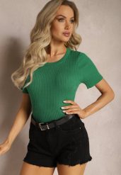 Zielony T-shirt z Prążkowanej Dzianiny o Krótkim Kroju Poutia. Zielone t-shirty damskie Renee, l, bez wzorów, z dzianiny, bez kołnierzyka. Za 44.99 zł.