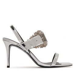 Sandały Versace Jeans Couture. Szare sandały damskie Versace Jeans Couture, bez wzorów, z jeansu, bez obcasa, na szpilce, bez zapięcia. Za 969.99 zł.