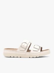 Kremowe klapki z dwoma paskami. Brązowe klapki damskie Ryłko, bez wzorów, ze skóry, z okrągłym noskiem, bez obcasa, na płaskiej podeszwie, bez zapięcia. Za 399.99 zł.