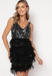 Czarna Sukienka Mini w Pióra i Cekiny Vortega. Czarne sukienki damskie Born2be, z aplikacjami, bez ramiączek. W wyprzedaży za 186.99 zł.