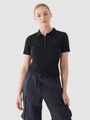 4F Koszulka polo slim damska - czarna XXL. Czarne bluzki damskie 4F, xs, bez wzorów, z bawełny, bez kołnierzyka, bez ramiączek. Za 89.99 zł.