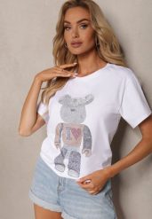 Biały Bawełniany T-shirt z Krótkim Rękawem i Cyrkoniami Risarie. Białe t-shirty damskie Renee, bez wzorów, z bawełny, bez kołnierzyka. Za 44.99 zł.