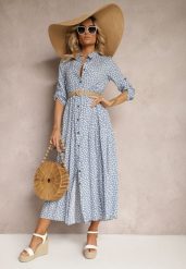 Jasnoniebieska Maxi Sukienka z Bawełny w Kropki o Koszulowym Kroju z Rozkloszowanym Dołem Feriti. Niebieskie sukienki damskie Renee, bez wzorów, z bawełny, bez ramiączek. W wyprzedaży za 67.99 zł.