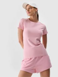 4F T-shirt slim gładki damski - różowy XL. Czerwone t-shirty damskie 4F, xl, bez wzorów, z bawełny, bez kołnierzyka. Za 39.99 zł.