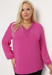 Różowa Bluzka z Długim Rękawem Ozdobiona Koronką i Koralikami Virlea. Czerwone bluzki damskie Born2be, xl, bez wzorów, z koronki, eleganckie, bez kołnierzyka, bez ramiączek. Za 69.99 zł.