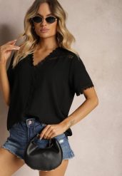 Czarna Bluzka z Ozdobnym Haftem i Dekoltem w Serek Grisevia. Czarne bluzki damskie Renee, m, z aplikacjami, z jeansu, eleganckie, bez kołnierzyka, bez ramiączek. Za 44.99 zł.
