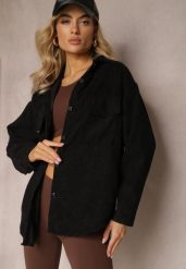 Czarna Koszula z Guzikami ze Sztruksowego Materiału Ilwenita. Czarne koszule damskie Renee, l, bez wzorów, z jeansu, eleganckie, bez kołnierzyka, bez ramiączek. Za 49.99 zł.