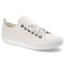 Trampki damskie Big Star, cholewka z materiału tekstylnego o płóciennej strukturze z klasycznym sznurowaniem i metalowymi przelotkam, biały, KK274105. Białe trampki damskie Big Star, bez wzorów, z dresówki, bez zapięcia. Za 110.99 zł.