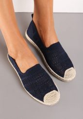 Granatowe Ażurowe Espadryle Ozdobione Plecionką na Podeszwie i Nosku Tarniesa. Niebieskie espadryle damskie Renee, z aplikacjami, bez obcasa, na płaskiej podeszwie. Za 39.99 zł.