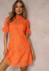 Pomarańczowa Sukienka Aeryse. Brązowe sukienki damskie Renee, z aplikacjami, z koronki, bez ramiączek. W wyprzedaży za 127.99 zł.