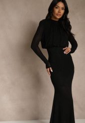Czarna Cyrkoniowa Sukienka o Taliowanym Kroju z Bufiastą Górą i Gumką w Pasie Iwedesa. Czarne sukienki damskie Renee, bez wzorów, wizytowe, bez ramiączek. Za 179.99 zł.