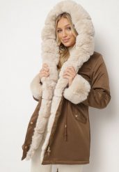 Beżowo-Brązowa Kurtka Parka z Kapturem i Odpinanymi Futerkowymi Zdobieniami Inessara. Brązowe kurtki damskie Born2be, l, z kapturem. Za 289.99 zł.
