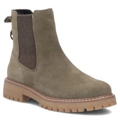 Skórzane botki damskie sztyblety khaki Filippo DBT7935. Brązowe botki damskie Filippo, ze skóry, bez obcasa, bez zapięcia. Za 259.99 zł.