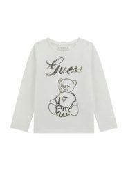 Guess Bluzka K5BI03 J1314 Biały Regular Fit. Białe bluzki i koszule dziewczęce Guess, z aplikacjami, z bawełny, bez kołnierzyka, bez ramiączek. Za 115.00 zł.