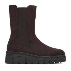 Botki Rieker. Brązowe botki damskie Rieker, bez obcasa, na koturnie, bez zapięcia. Za 389.99 zł.