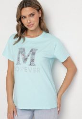 Jasnoniebieski T-shirt z Bawełny Ozdobiony Napisem i Cyrkoniami Olireth. Niebieskie t-shirty damskie Born2be, l, bez wzorów, z bawełny, bez kołnierzyka. Za 34.99 zł.